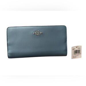NWT COACH New York Skinny Wallet Smooth Calf Leather Slate Blue 7.75”x4”